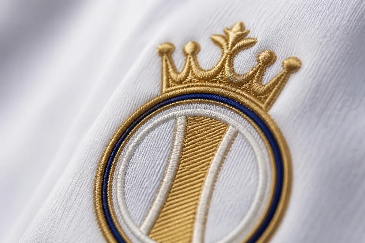 Blason brodé sur un maillot de football montrant une couronne et une fine bande de couleur