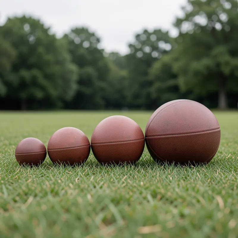 Cinq ballons de football de tailles différentes alignés sur une pelouse tondue