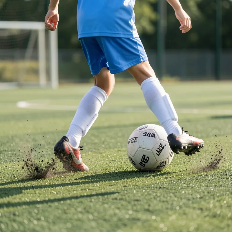 Enfant en tenue de football contrôlant un ballon de petit format sur un terrain synthétique