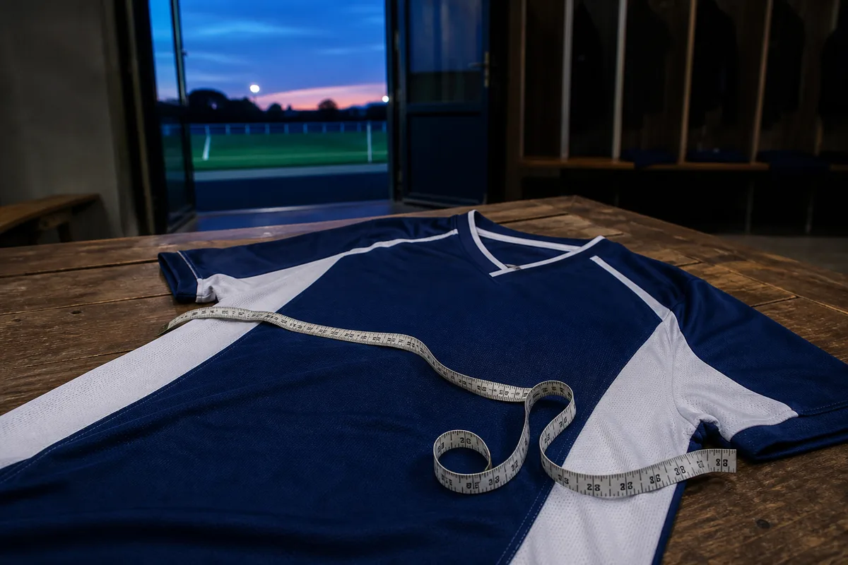 Mètre ruban posé sur un maillot de football étalé à plat sur une table en bois