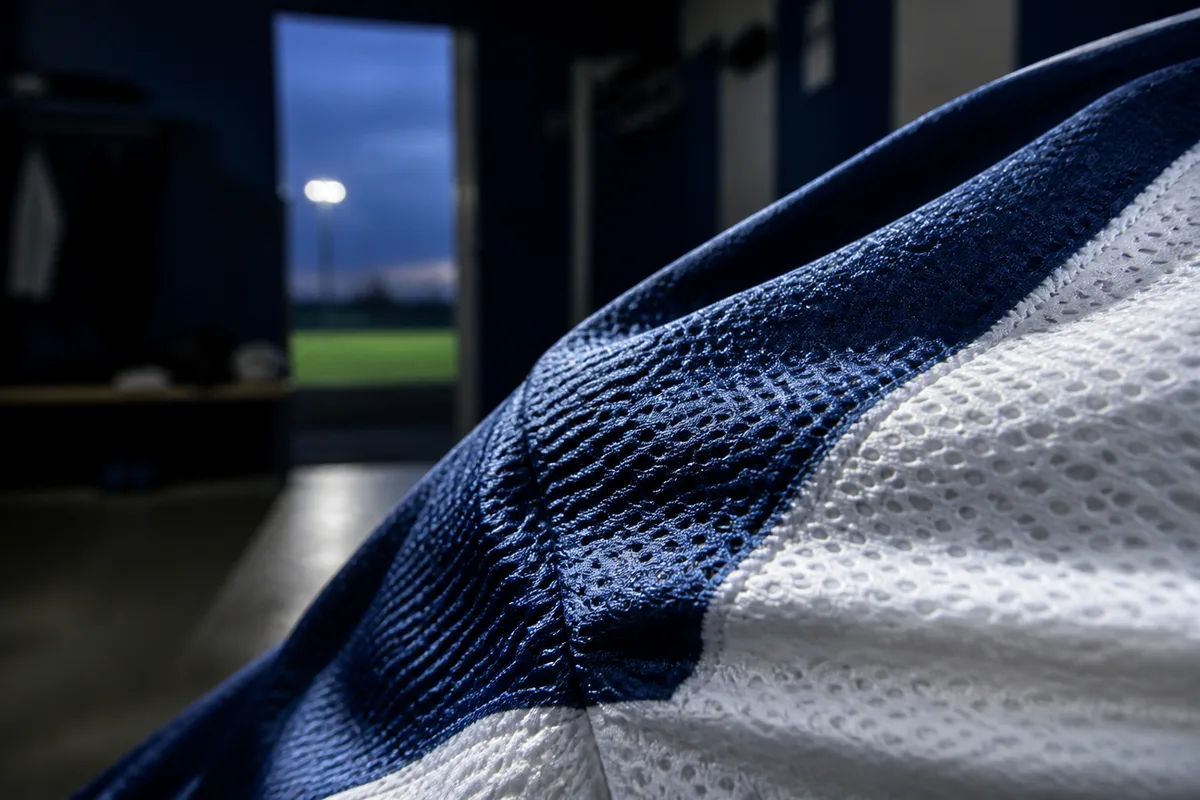 Gros plan sur la maille alvéolée d&rsquo;un maillot de football moderne éclairée en lumière rasante
