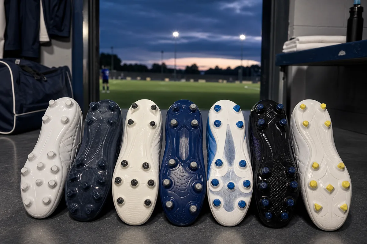 Semelles de plusieurs chaussures de football alignées montrant différents types de crampons