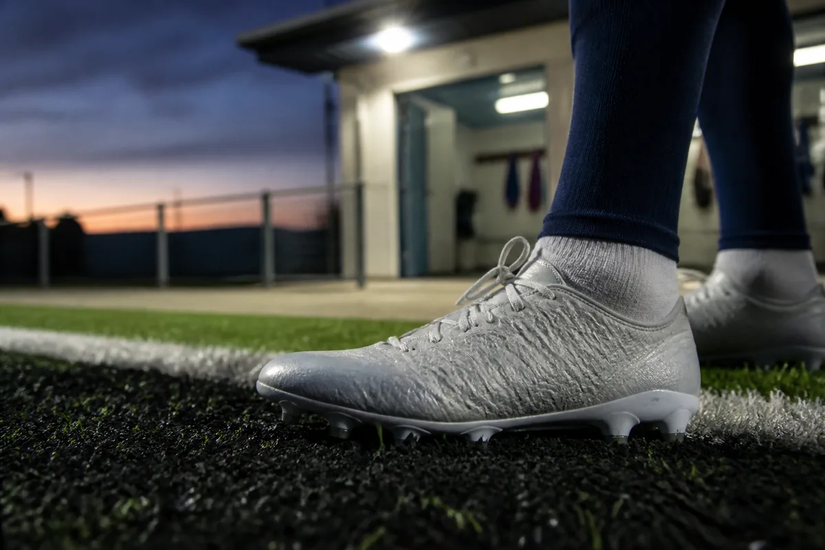 Joueur en appui sur un terrain de football synthétique, gros plan sur la chaussure au sol
