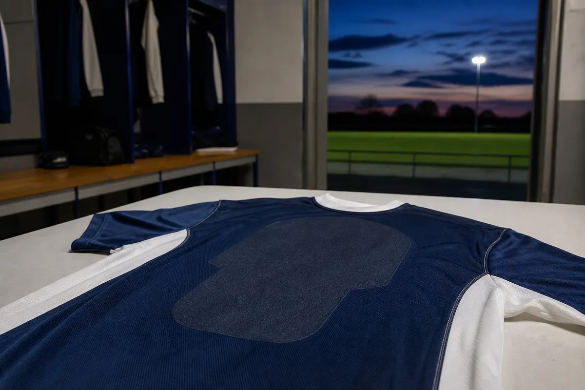Maillot de football floqué séchant à plat sur une surface claire