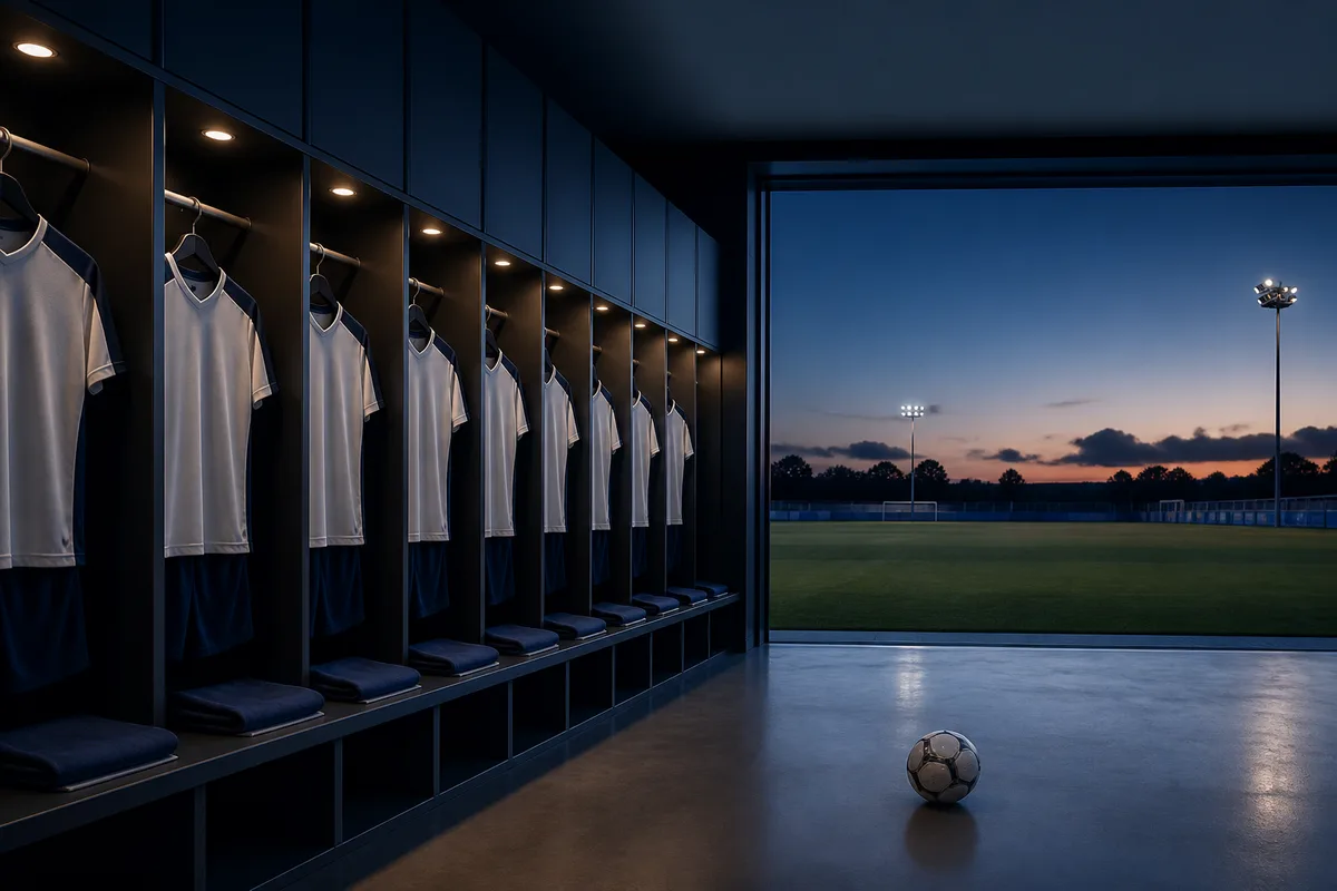 Maillots de football suspendus sur une tringle dans un vestiaire, mailles et flocages visibles en lumière rasante