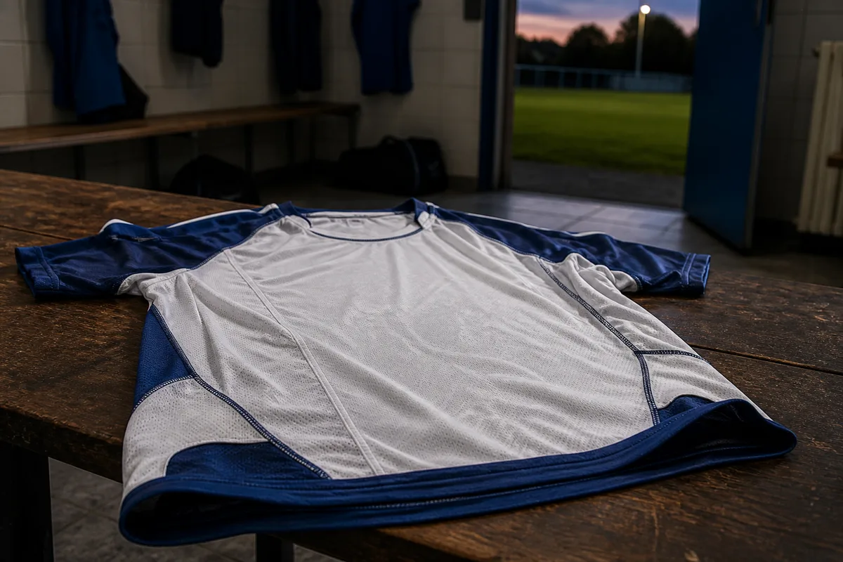 Maillot de football retourné sur l&rsquo;envers, posé à plat avant lavage