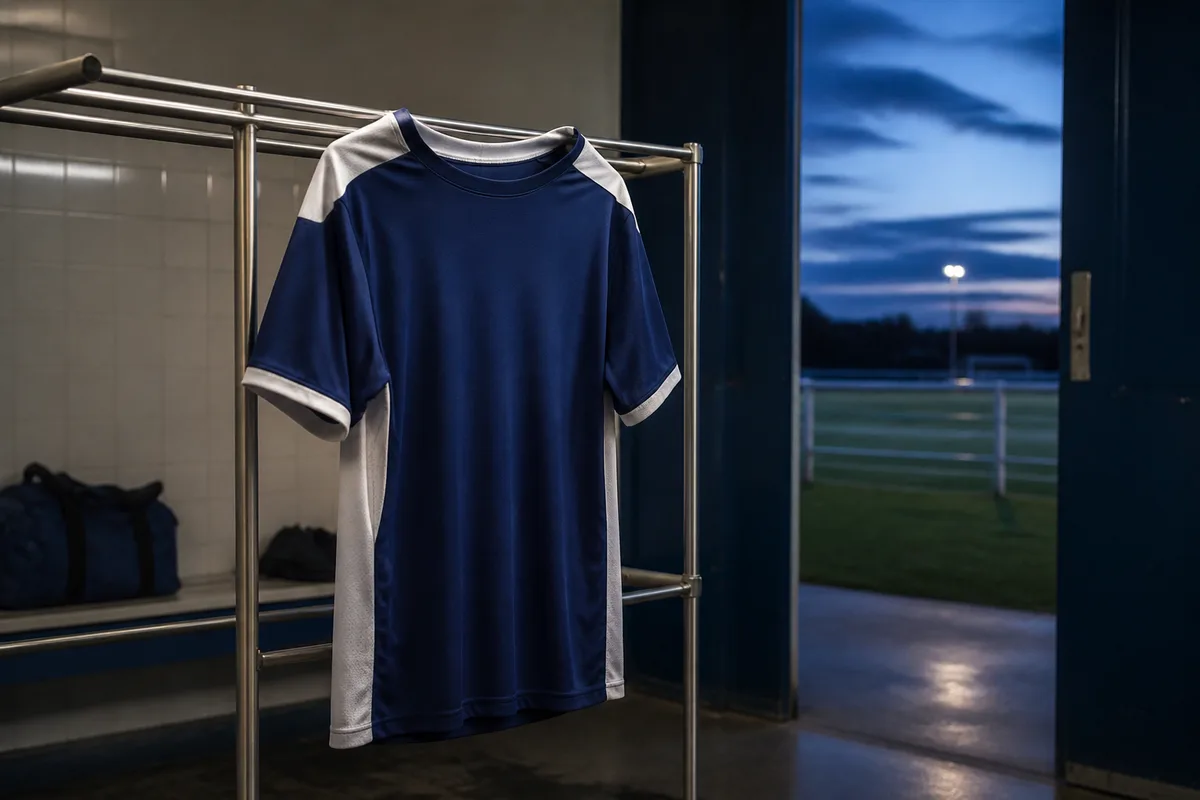 Maillot de football suspendu sur un séchoir dans une pièce ventilée