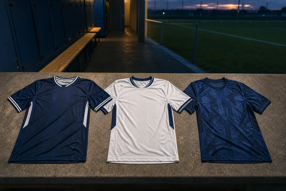 Trois maillots de football posés côte à côte montrant les versions domicile, extérieur et third d&rsquo;une même saison