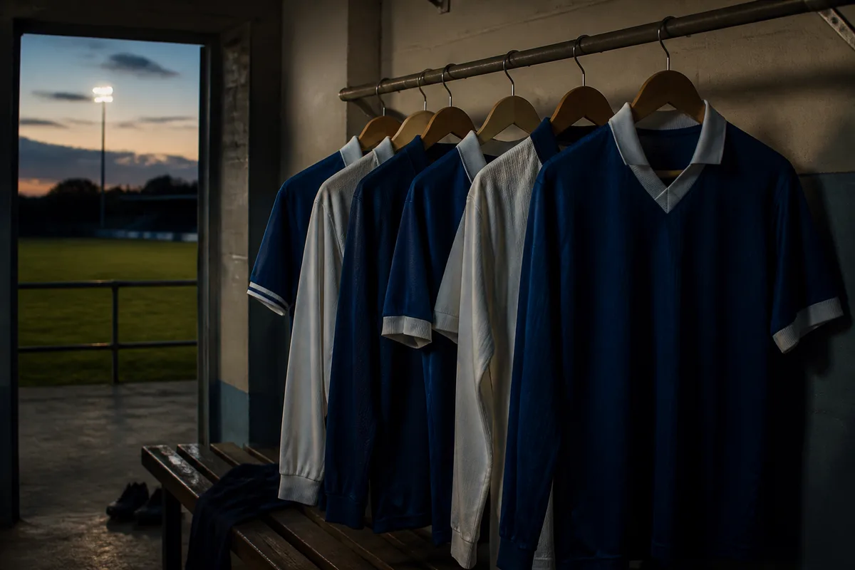 Maillots de football anciens suspendus sur un portant dans une pièce éclairée à la lumière du jour