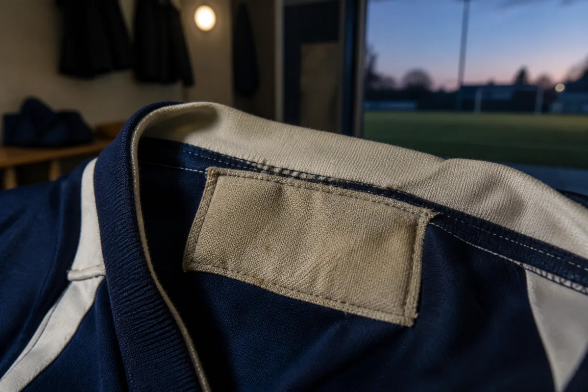 Détail d&rsquo;une étiquette intérieure ancienne cousue dans le col d&rsquo;un maillot de football vintage