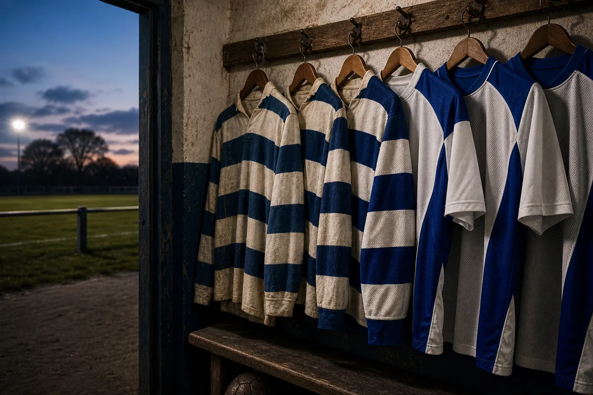 Maillots de football anciens en coton exposés côte à côte avec des modèles modernes en maille synthétique