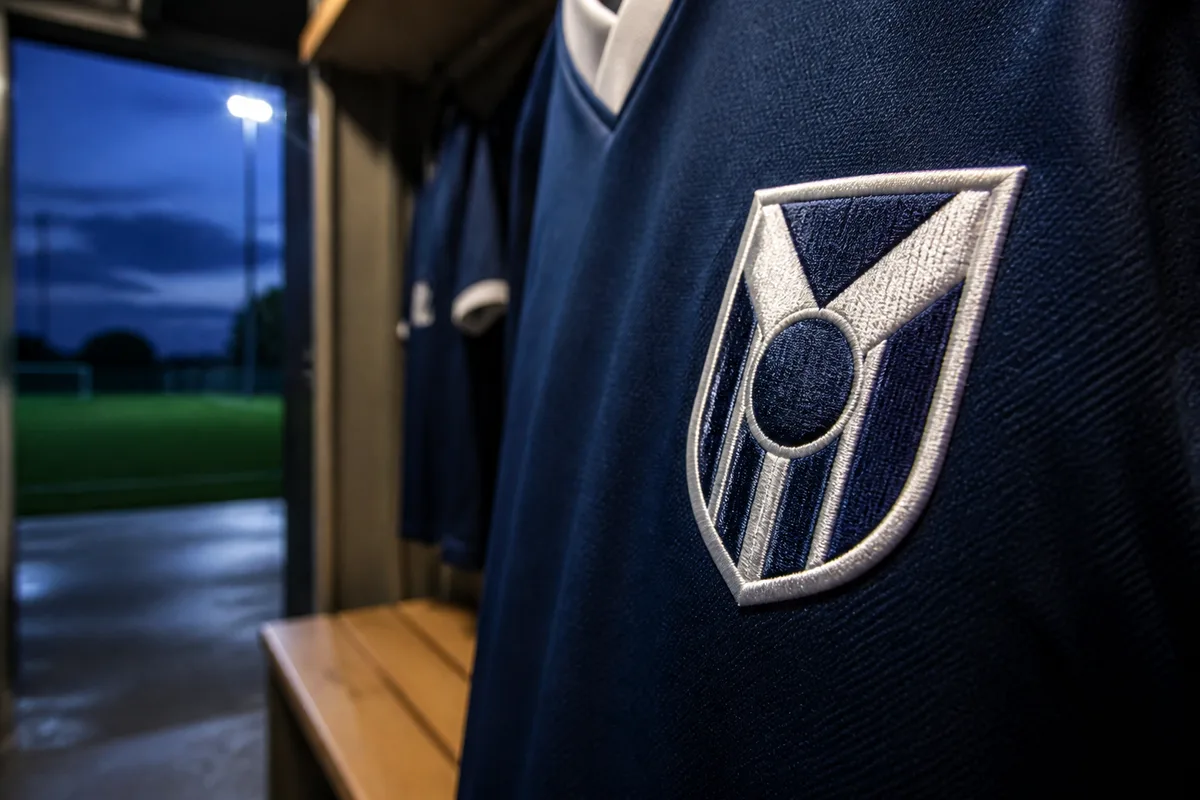 Détail d&rsquo;un maillot de football montrant un écusson brodé cousu sur la poitrine
