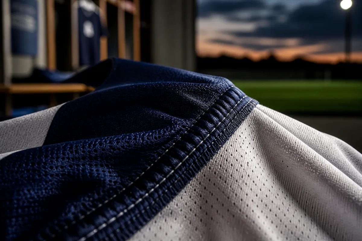 Examen rapproché de la maille et des coutures d&rsquo;un maillot de football sous une lumière rasante