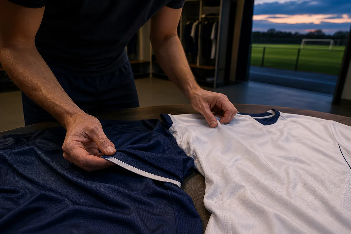 Personne comparant deux maillots de football posés à plat sur une table pour en examiner les finitions